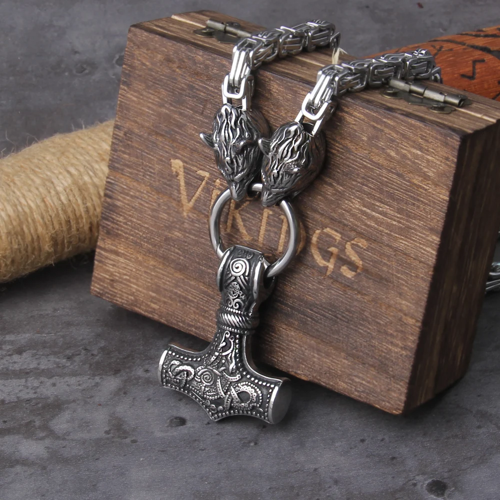 Colar Viking Masculino em Aço Inoxidável com Pingente de Cabeça de Lobo Dupla e Martelo de Thor Mjolnir, Amuleto Pagão Nórdico, Joia de Corrente Estilo Rei