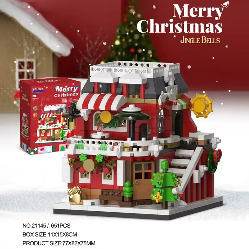 Casa de neve de natal mini blocos de construção conjunto varanda café doces livro loja cidade vista 3d modelo tijolo meninos brinquedos crianças