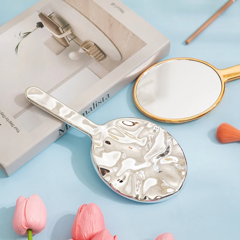 楕円形の電気メッキハンドル付きメイクアップミラー,丸いポータブルハンド,小さなメイクアップツール,シルバー,ゴールド,美容アクセサリー,1個