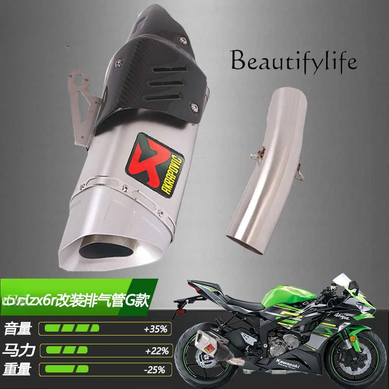 ZX6R ท่อไอเสียดัดแปลง 636 ส่วนท้ายกลาง ส่วนเต็ม รถจักรยานยนต์ ส่วนหน้าโลหะผสมไทเทเนียม