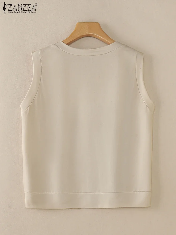 ZANZEA 2025 الخريف المرأة بلا أكمام لطيف تانك القمم خمر الكرتون المطبوعة سترات عطلة الخامس الرقبة محبوك وتتسابق بسيطة الستر
