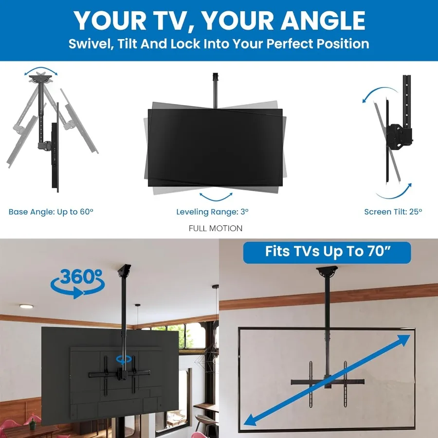 TV Ceiling Mount Bracket with Adjustable Height and Full Motion 360Degree Rotation for Flat Panel LCD LED OLED Plasma TVs Suppo