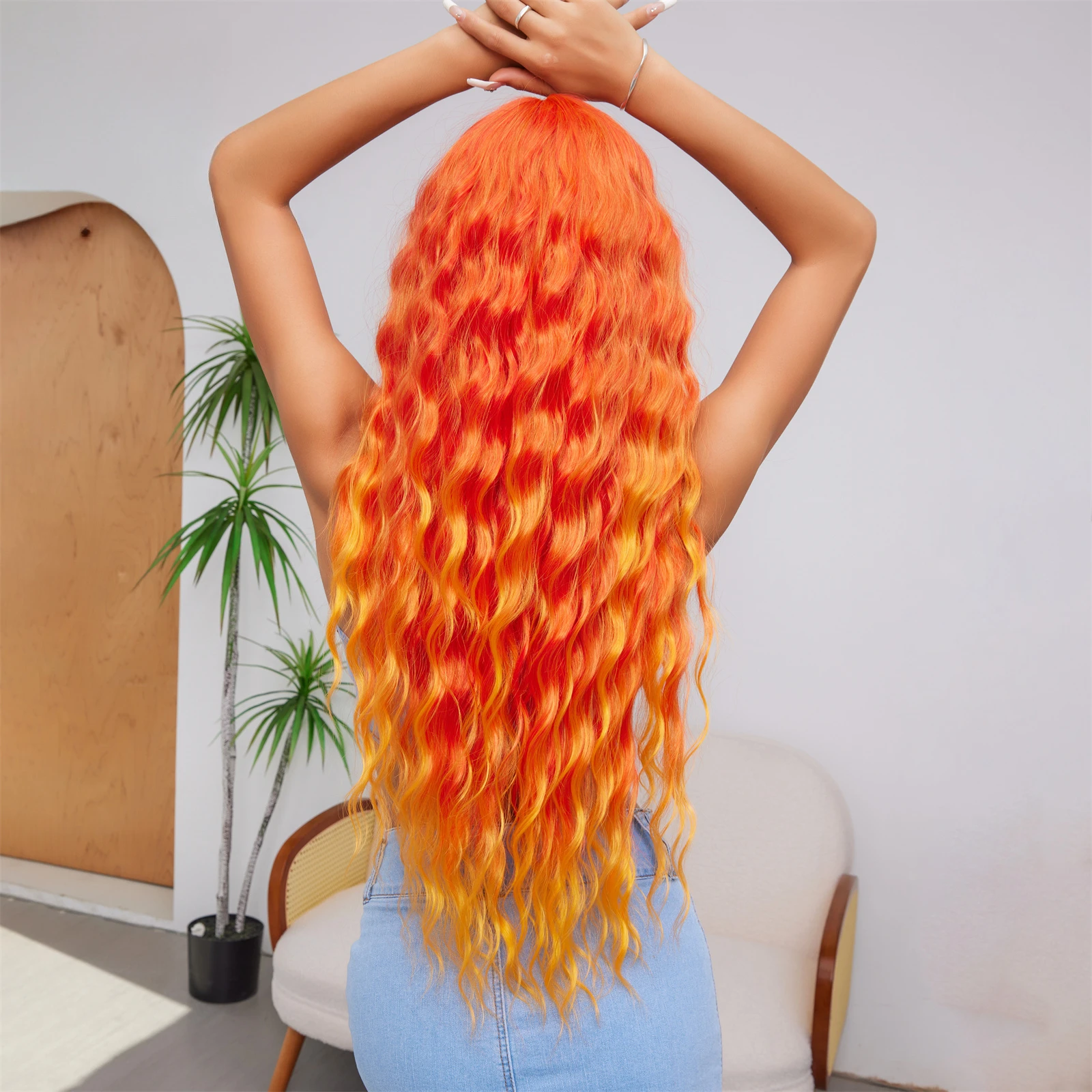 Franja de laranja ondulada longa para mulheres pretas e brancas, cabelo sintético, fibra resistente ao calor, perucas de festa cosplay