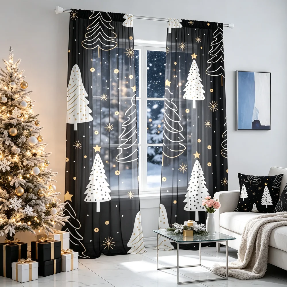 Curtain Rods - 2 buah tirai Natal, motif pohon
