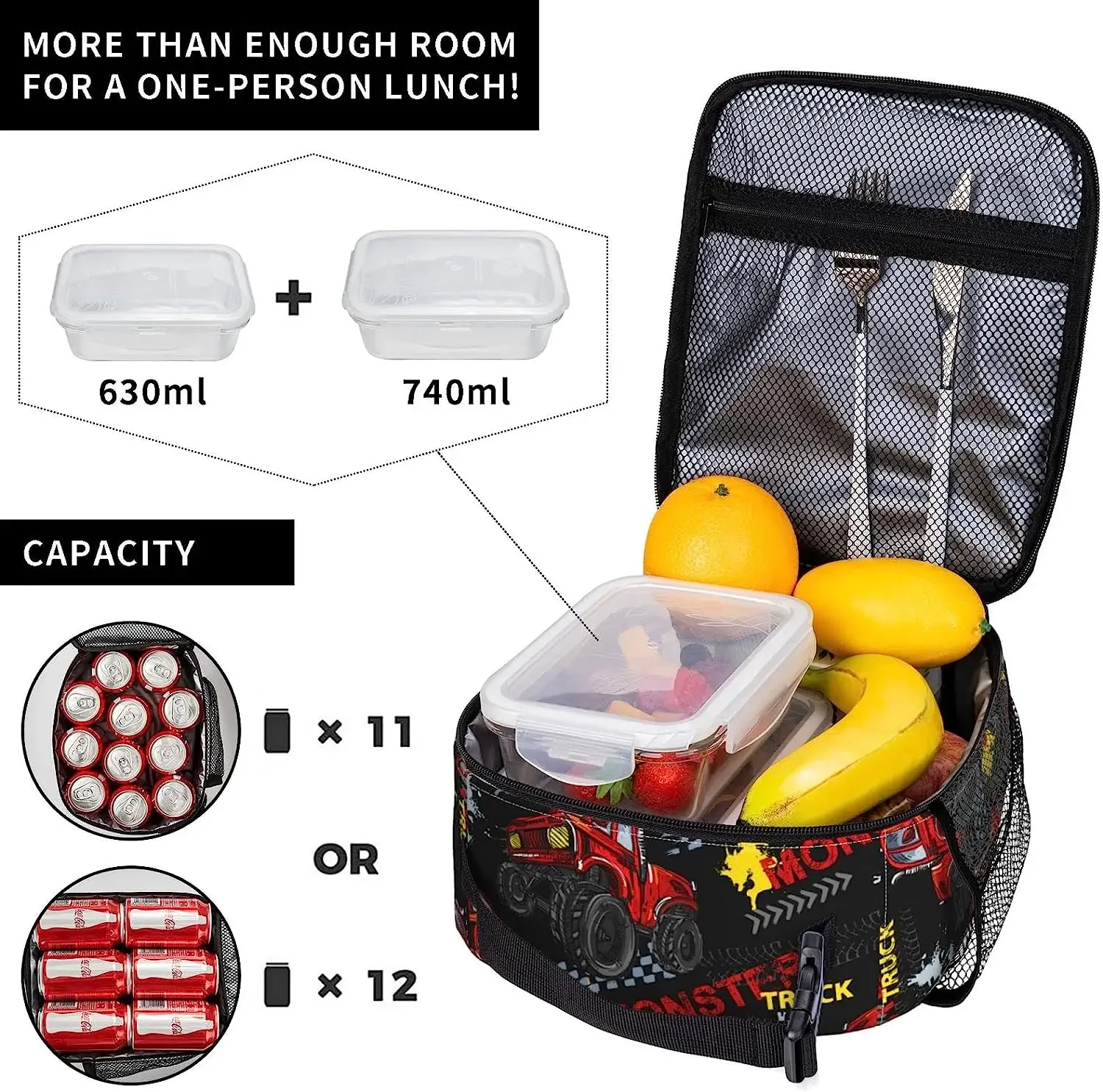 Cool Red Monster Trucks Cars Lunch Bag Insulated Lunch Box for Adults Boys Girls Durable Portable Cooler Tote for Travel Picnic