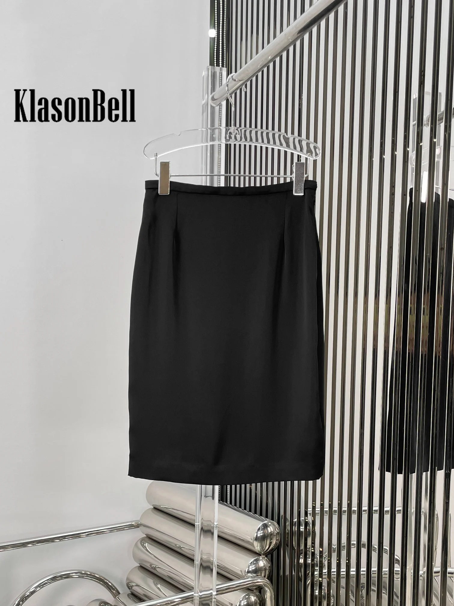 8.11 KlasonBell Women Clothes Elegant All-matches Satin Pencil Skirt Fashion Black High Waist Side Zipper Knee-Length Skirt