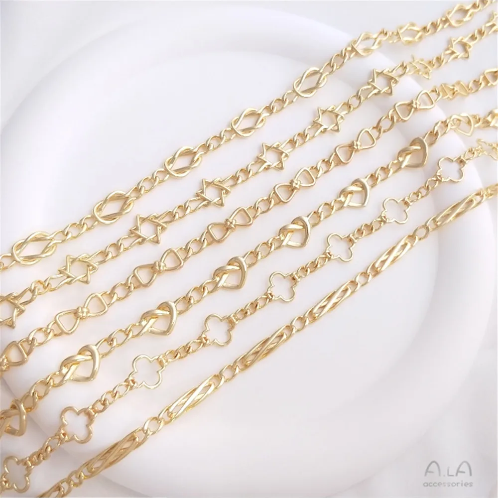 14K package gold bow Four-leaf clover Awn star chain Love chain handmade diy bracelet necklace ornaments Loose chain