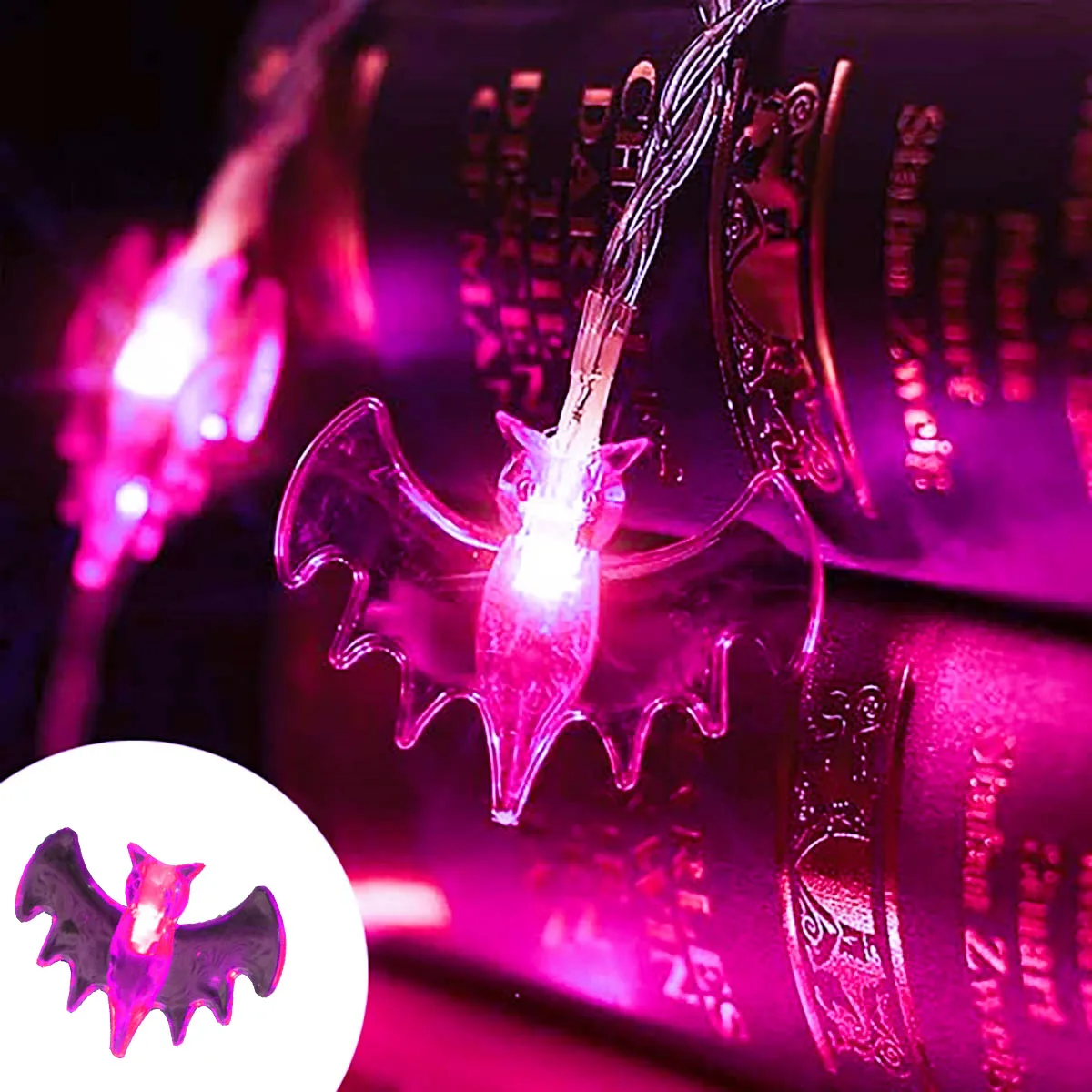 할로윈 보라색 박쥐 랜턴 문자열 공포 요소 배열 분위기 LED 다채로운 조명 유령 축제 장식으로 가득 차 있음