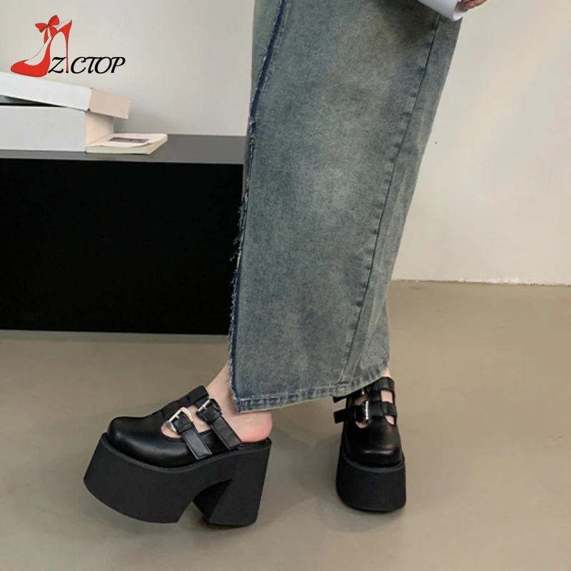 Platform Chunky Heeled Sandals Women Closed Toe Super High Heels Mules Slip On Black Goth Punk Shoes Summer Slippers Big Size 42