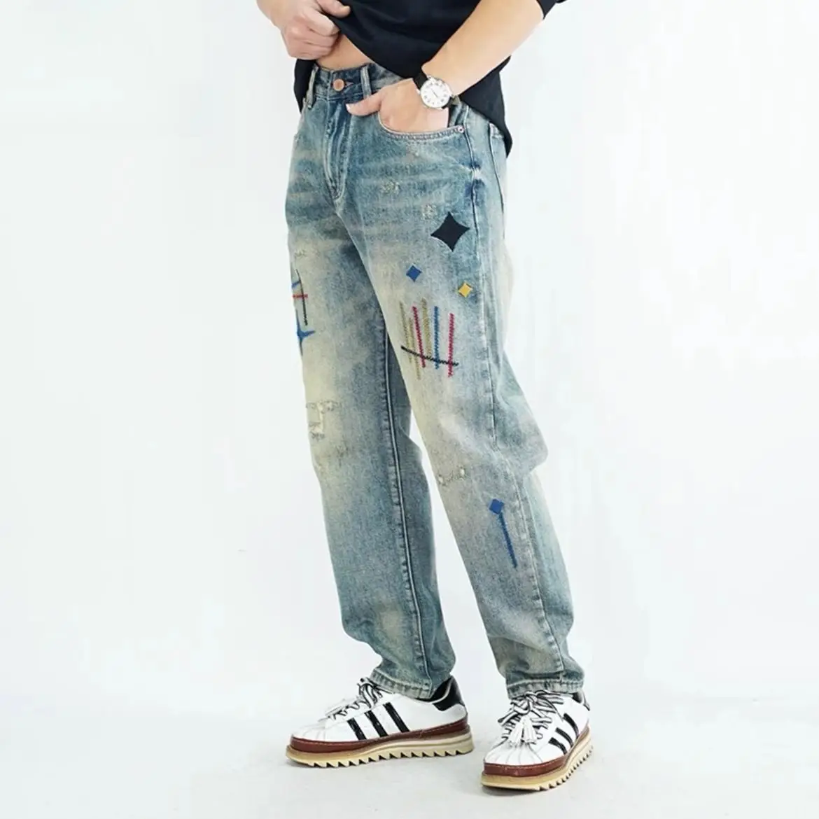 

Retro Waed Denim Jeans Men's Summer 2025 New Loose Straight High Street Versatile Casual Nine Point Pants Trendy Straight L...