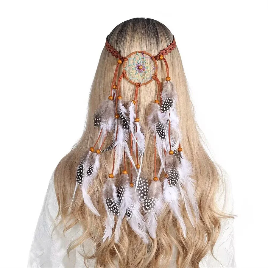 High quality Woman Bohemian Hippie Headband Dream Catcher Feather Headdress Fashion Peacock Feather Headbands Hair Accessories