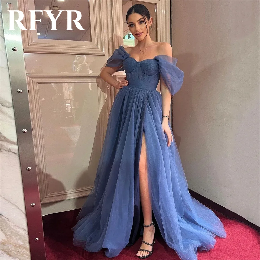 

RFYR Simple A Line Tulle Women Navy Blue Prom Dresses Off The Shoulder High Split Pleated Evening Gowns Formal Occasion Dress