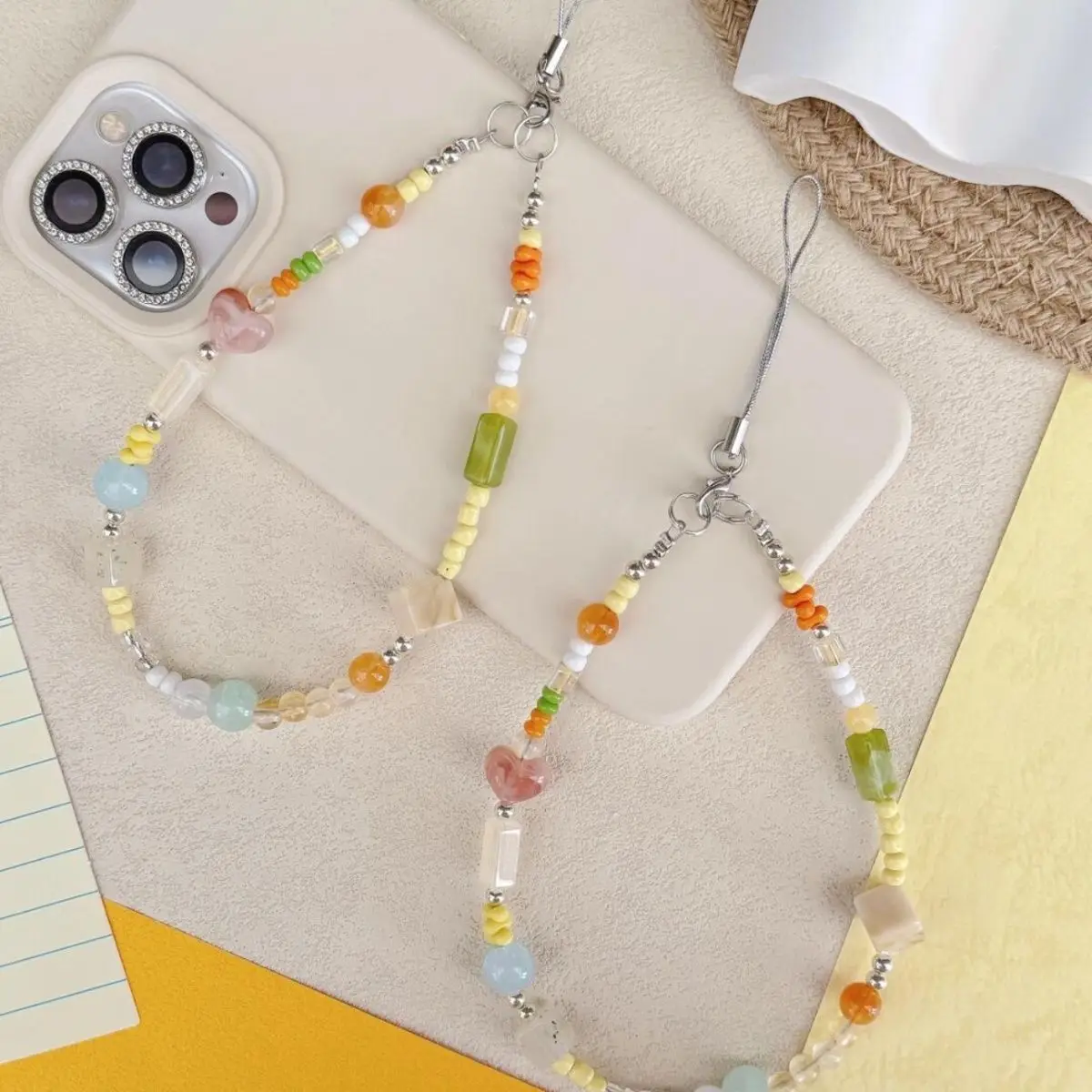 Ins Fresh Orange Tone Handmade Beaded Phone Charm, DIY Colorful Bead Anti-Lost Chain for Phone Case & CCD Camera