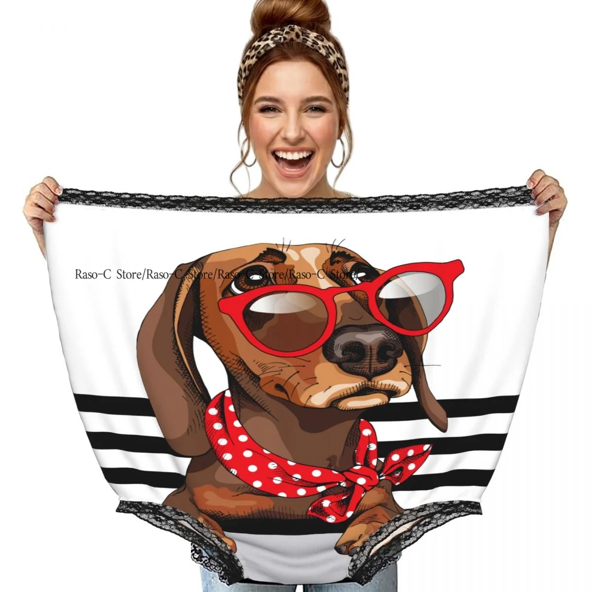 

Funny Grandma Underwear Dachshund Dog In Red Sunglasses With Polka Dots Neck Scarf Casual Prank Presents