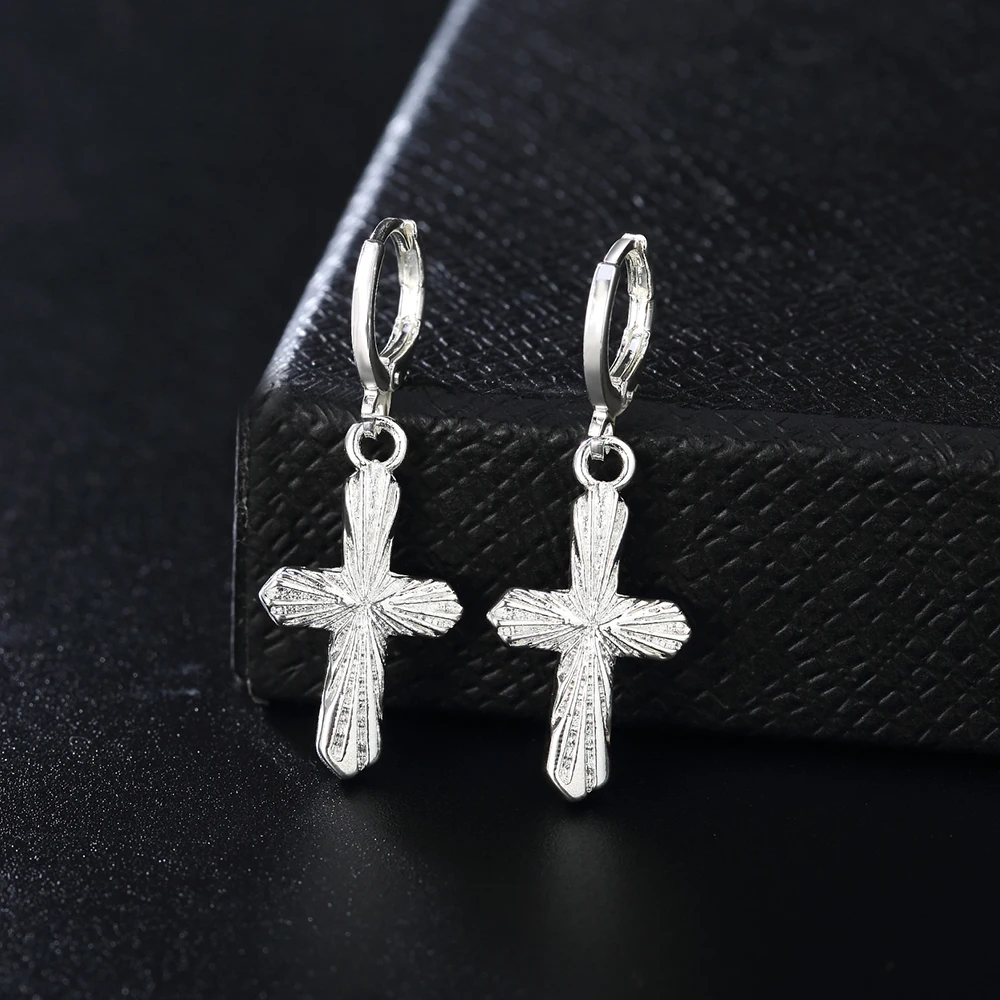 

Fine 925 Stamp Silver Earrings drop Cross hook party gift for women charms wedding party Bohemia fashion classic jewelry gift