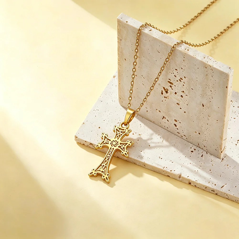 Armenian Cross Ornate Necklace 18K Gold Plated Stainless Steel Religious Pendant Vintage Christian Jewelry Gifts for Women Men