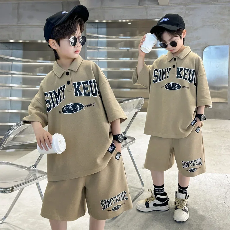 Teenagers Kid's Suit Clothes Summer Flap Neck Printed Letter Top Five Piece Pants 2Pcs Set 3-12Y