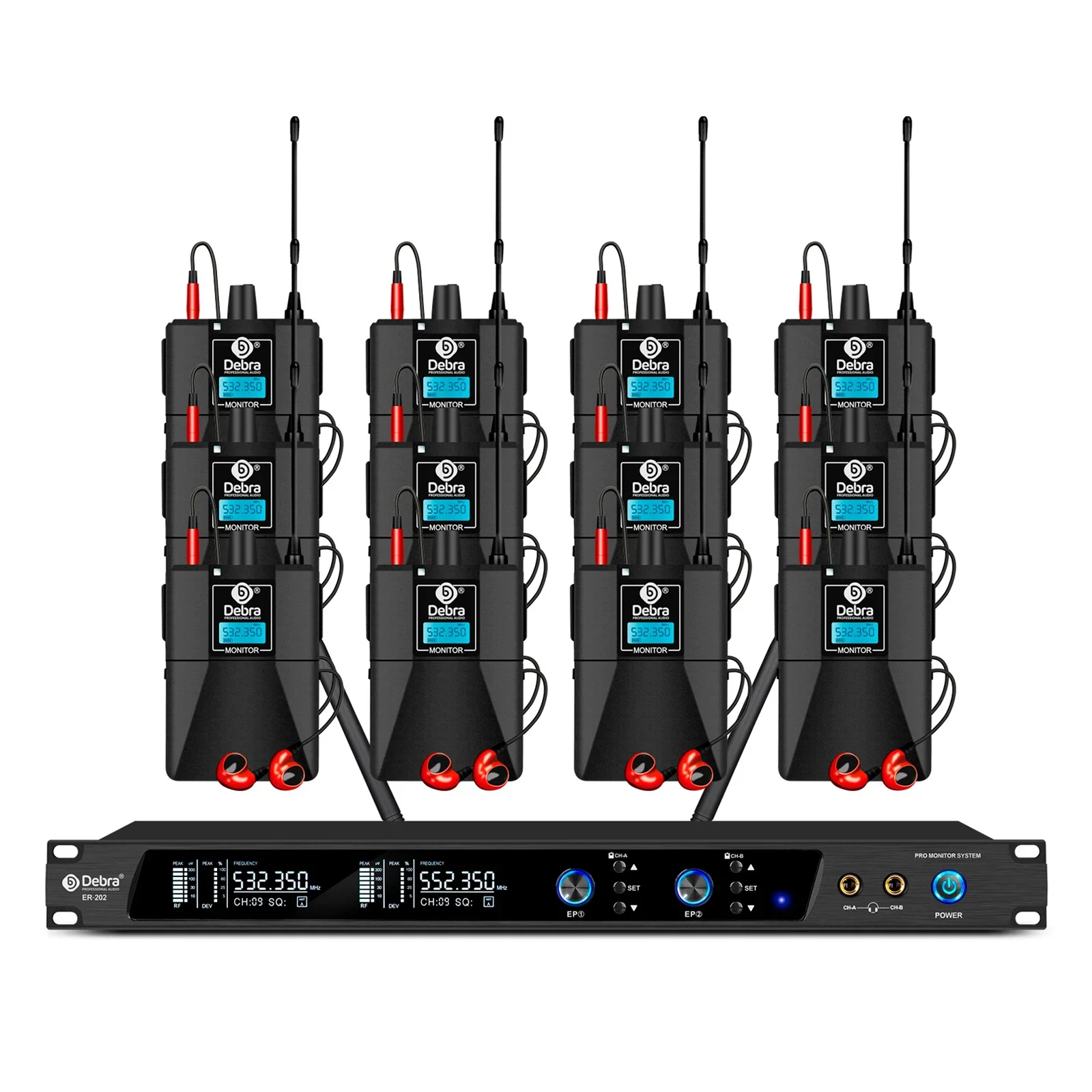 ER-202 Professional 12-Channel Wireless In-Ear  Earphone System BT5.0 XLR Stage Singing Studio LED Metal Communication