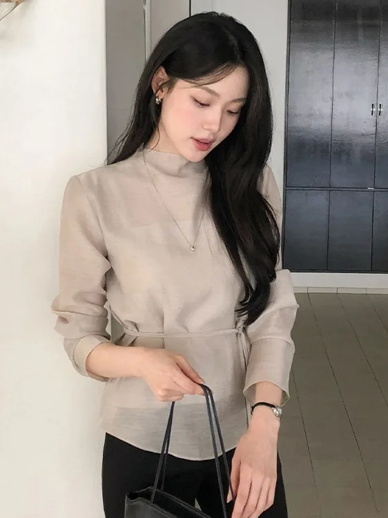 French Style Loose Fit Shirt with Belt Women's Top Micro Transparent Waist Design Half High Collar Two Piece Set Trendy