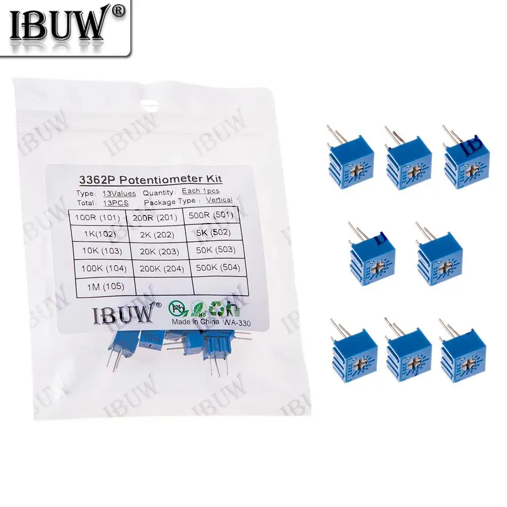 13PCS 3362P Potentiometer Kit 13Values 100R-1M 1k 10k Variable Resistor for Electronics Projects