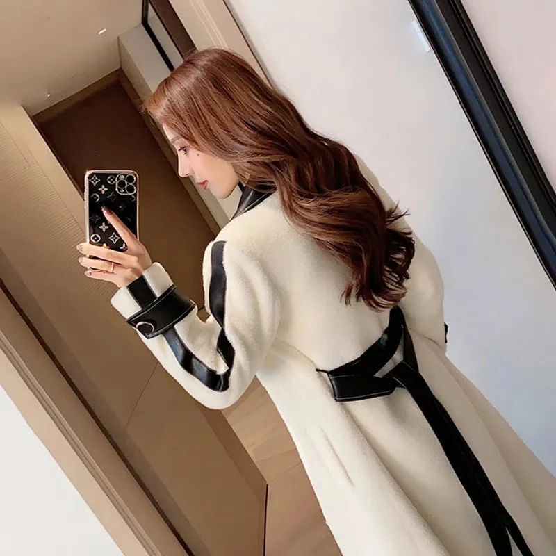 High-End Custom Woolen Coat 2024 New Fashion Temperament Contrast Stitching Long Plush Coat Women's Trend M962