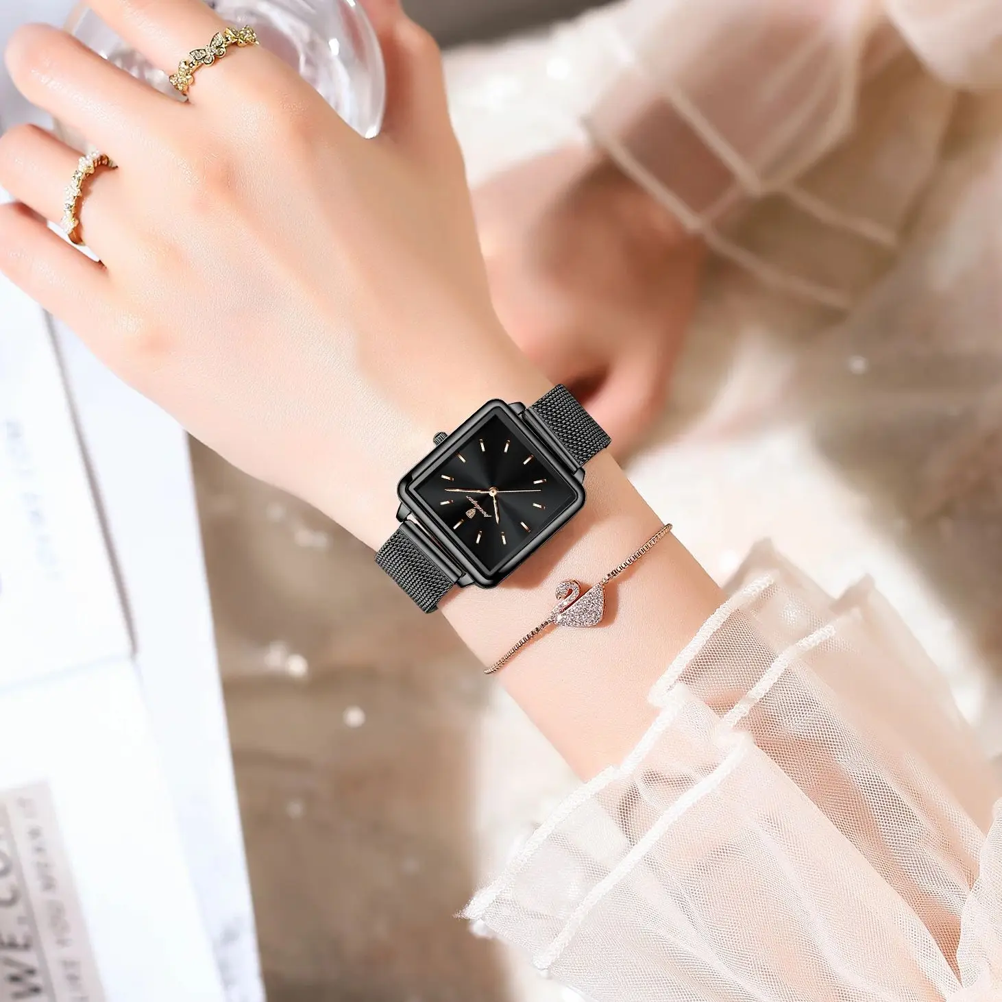 POEDAGAR أزياء العلامة التجارية السيدات ساعة اليد للماء شبكة الفولاذ المقاوم للصدأ امرأة ووتش أنيقة مربع الكوارتز الساعات النسائية Reloj