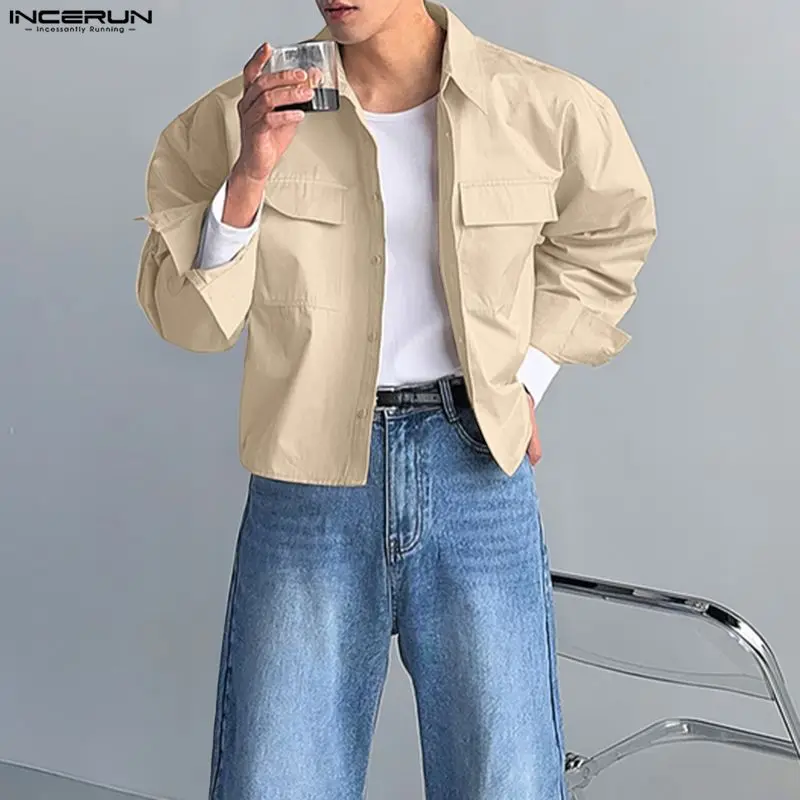 

Мужская рубашка INCERUN, однотонная, с отложным воротником, длинными рукавами и карманами, повседневная мужская одежда, уличный стиль, 2026, свободный крой, корейский стиль, модные мужские топы
