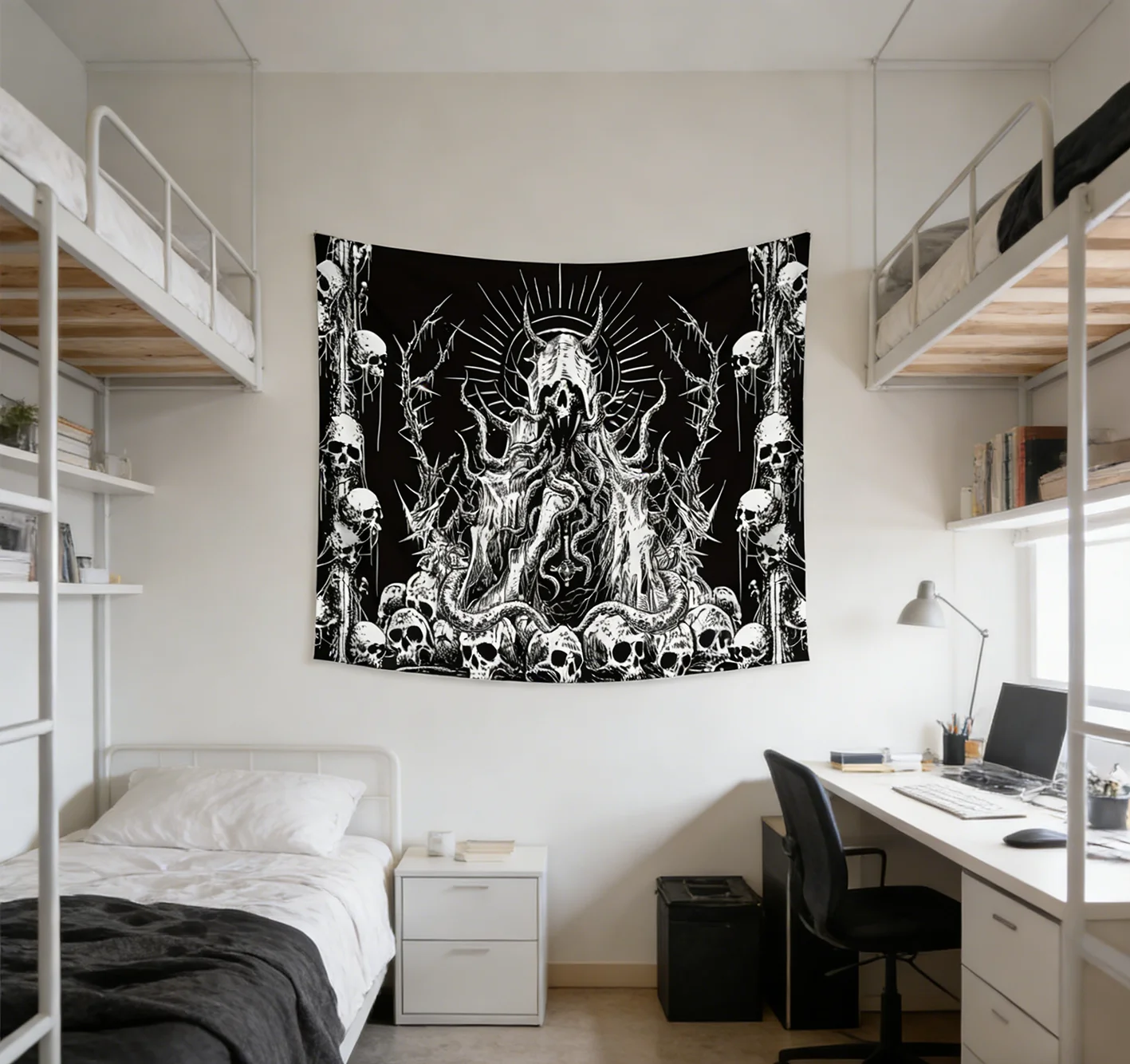 Ethereal Gothic Skull Horned Beast Tapestry Dark Fantasy Art for Bedroom Living Room Decor