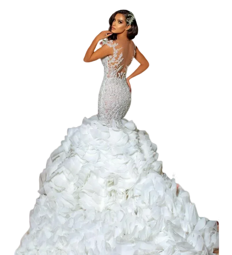 Maßgeschneidertes Meerjungfrauen-Brautkleid mit Perlen und Pailletten, Juwelen-Ausschnitt, Spitzenapplikationen, Brautkleider mit kaskadierenden Rüschen, Robes de Mariage