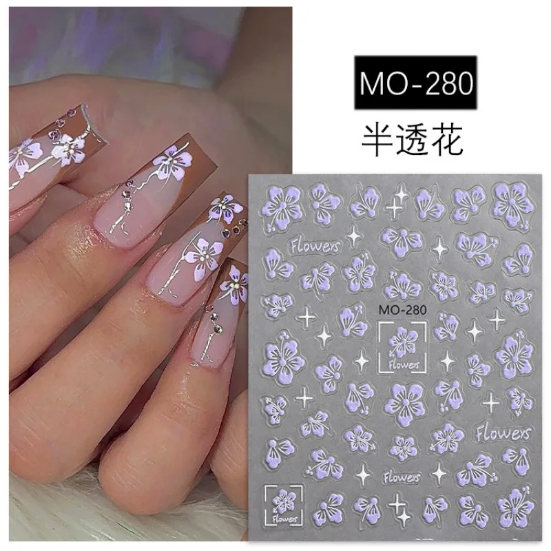 Hot-selling Embossed White Semi-transparent Floral Nail Stickers Pure Desire Style Pink Purple Small Floral DIY Nail Stickers