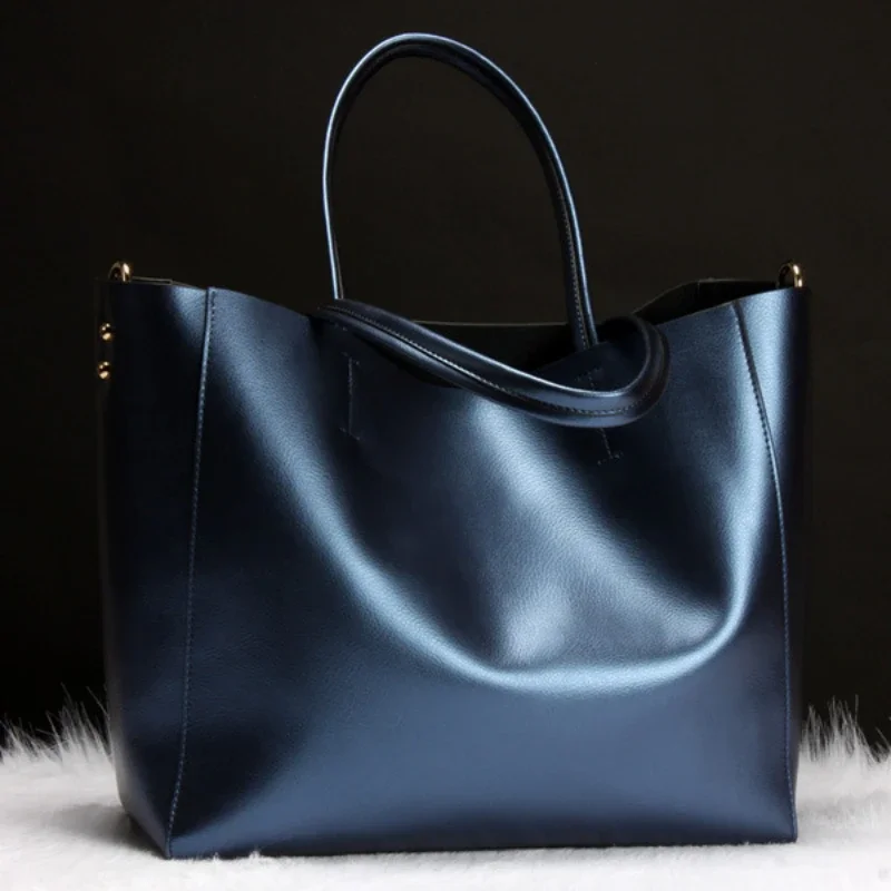 Metallic Silver Casual Large Tote Bag for Women with Soft Genuine Cow Leather Luxury Design Fashion Ladies Handbags