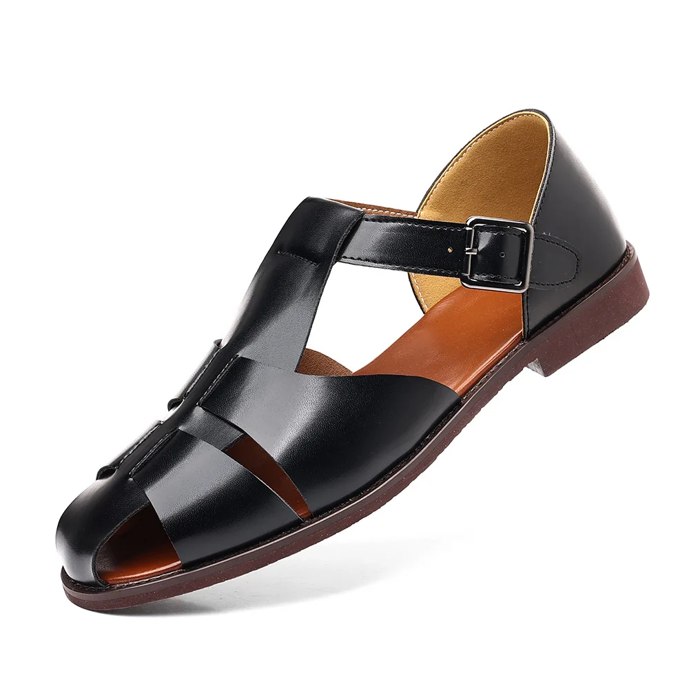 Men's 2026 Handmade Leather Closed Toe Roman Sandals Breathable Casual Low Heel Outdoor Beach Shoes Designer Sandals