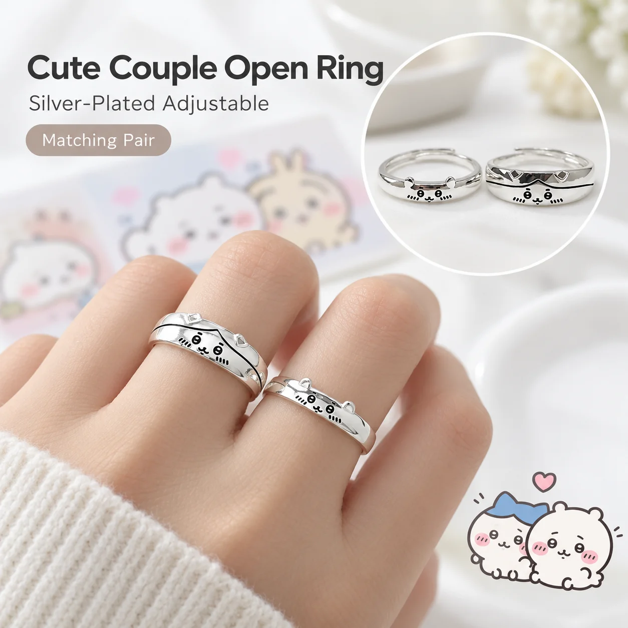 Chiikawa Couple Ring Plated Silver Open Adjustable Ring Couple Anniversary Gift Christmas Gift Best Friend Gift Anime Accessory
