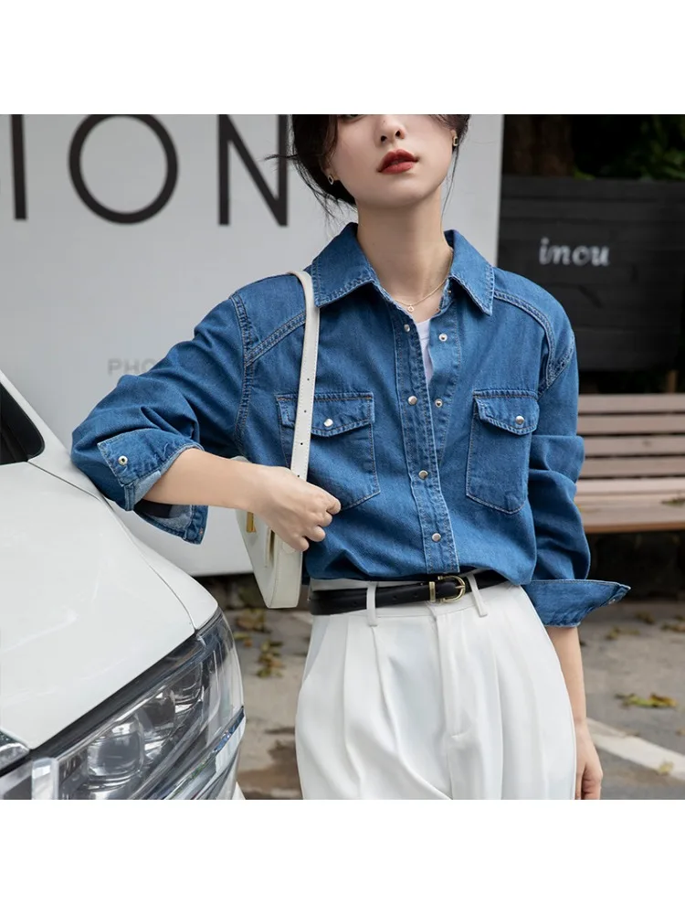 Women Denim Shirt Casual Commute Comfortable Retro Blouse Spring Summer Polo-neck Pockets Single Row Two Buttons Female Clothing