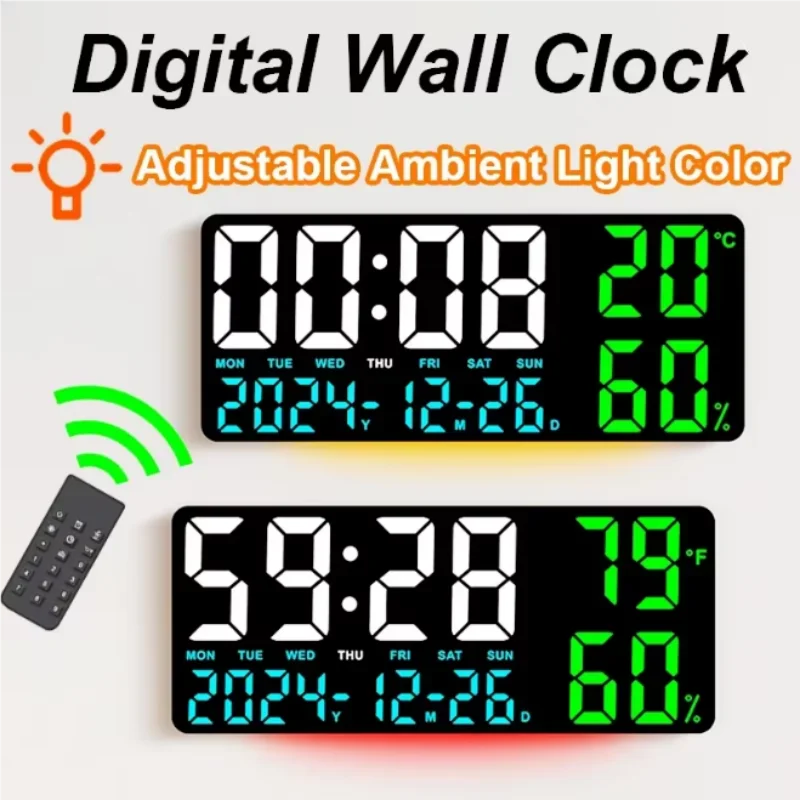 Digital Wall Clock with Atmosphere Lights Remote Control TEMP Humidity Display LED Large Table Clock Multifunctional Alarm Clock