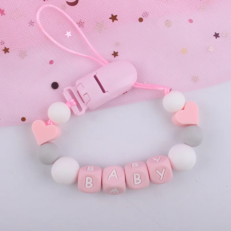 Clips de silicona para chupete de bebé, cadena con nombre personalizado, corazón, caramelo, letras, chupete, soporte para pezones, accesorios para