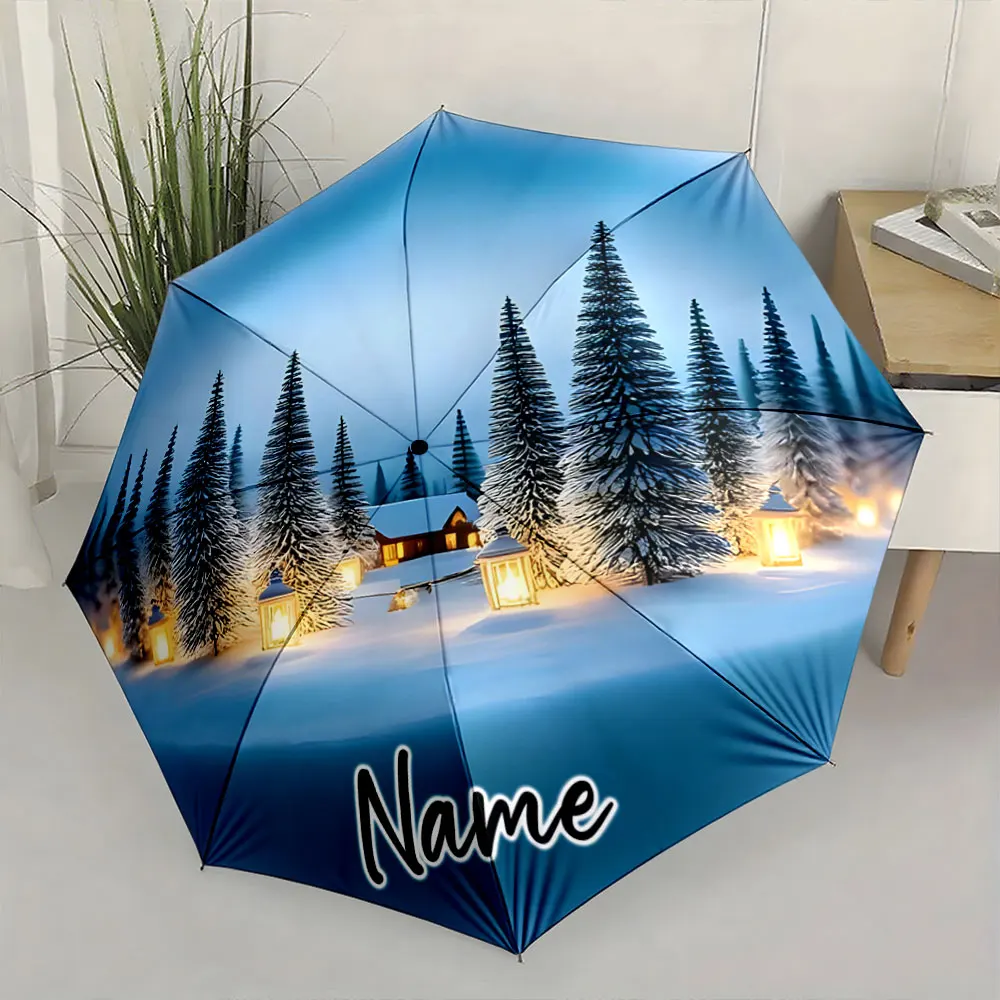 Custom Name Winter Wonderland Printed Umbrella Print 8 Iron Ribs Folding Umbrella, Auto-Open Fashion Sunshade