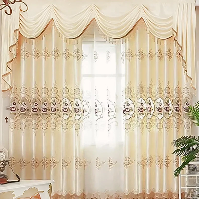 

European and American Luxury Curtains for Living Room Royal Beige White Window Curtain Bedroom Kitchen Villa Drapes Embroidered