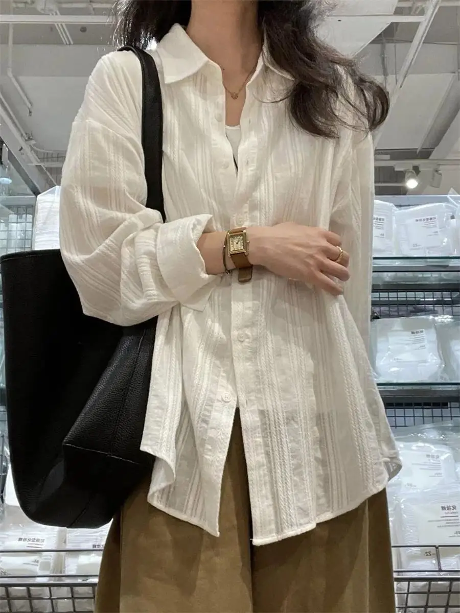 Korean Style Long Sleeve White Embroidered Shirt Women's Spring Summer Loose Lazy Sun Protection Cotton Shirt Casual Wear