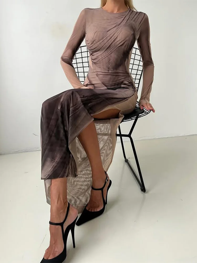 Printed Mesh Dresses For Women Fashion Sexy Streetwear O-Neck Long Sleeves Sheer Sheath Side Split Long Vestidos Robes Female
