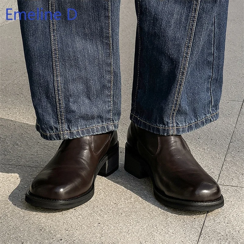 Men Ankle Boots Vintage Wrinkle Surface Square Toe Block Heel Rear Zipper Thick Platform Sole Streetwear Western Short Boots