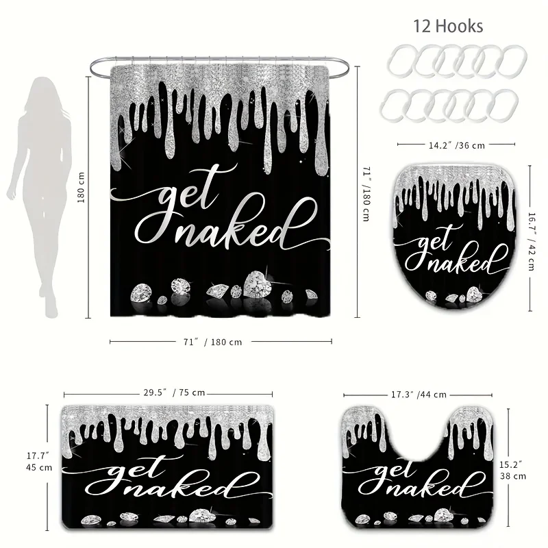 Get Naked 1/4-Piece Bathroom Set, Black Shower Curtain with Glitter Drip & Sparkling Diamonds view 5