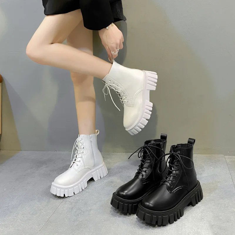 Rimocy Chunky Platform White Ankle Boots Women Autumn Winter Pu Leather Combat Booties Mujer Punk Thick Bottom Motorcycle Boots