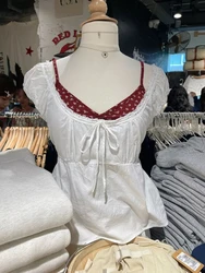 Biała kokardka urocza koronka koszulka damska letnia koronkowa kwadratowy kołnierzyk z krótkim rękawem T-shirty Vintage bawełniana urocza bluzka topy Y2k