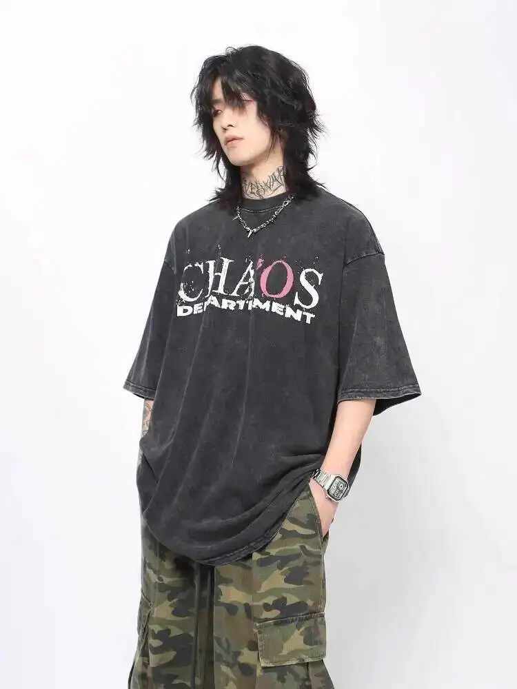 

Man Women Cross Print T-shirt Gothic Punk High Street Unisex Vintage Washed Short Sleeve T Shirt Niche Street Style Top