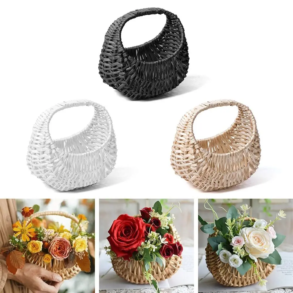Durable With Handle Flower Basket Willow Woven Hand-held Rattan Basket Photography Props Handmade Storage Container Picnic