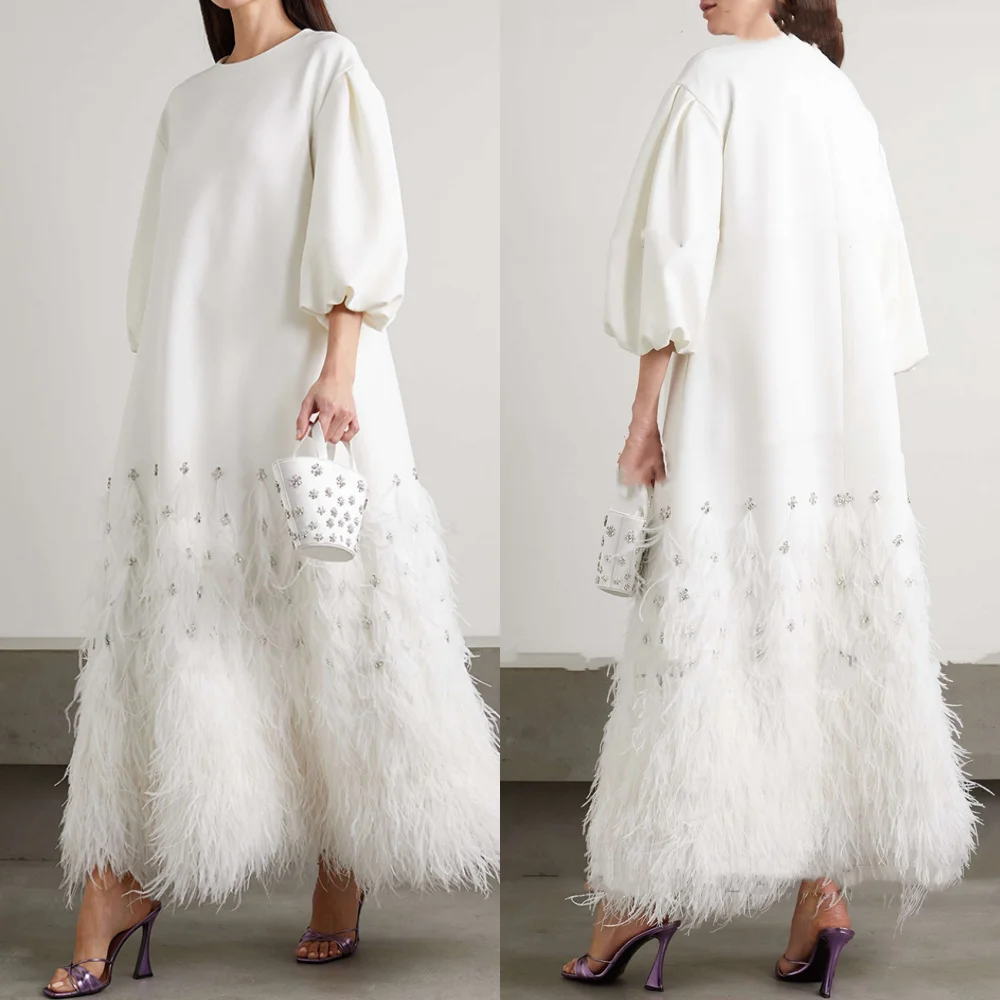 

Jiayigong Evening Jersey Feather Sequined Ruched Birthday A-line High Collar Bespoke Occasion Gown Midi Dresses