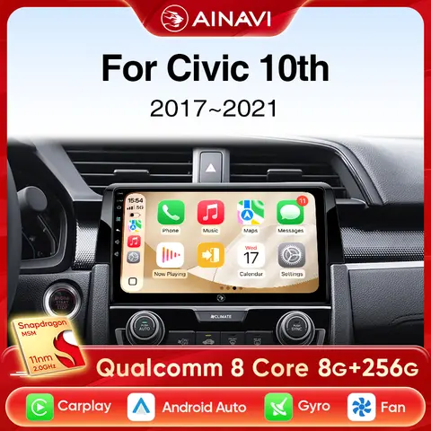 Ainavi Car Radio For Honda Civic 10th 2015 2016 2017 2018 2019 2020 2021 Player Wireless Carplay Android Auto Multimedia 2 DIN