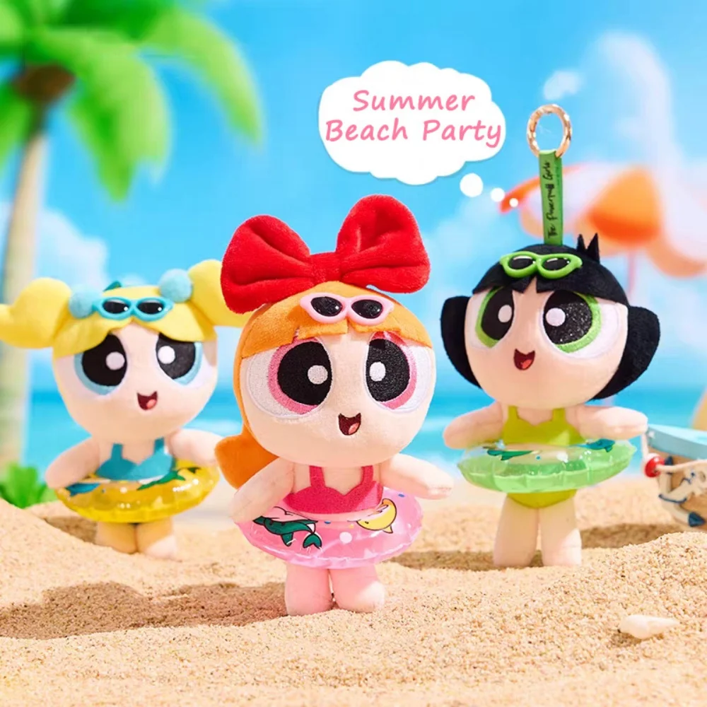 

Подлинная плюшевая кукла в гавайском стиле The Powerpuff Girl Kawaii Buttercup Bubbles Blossom, мультяшный купальник для пляжной вечеринки, куклы, брелок