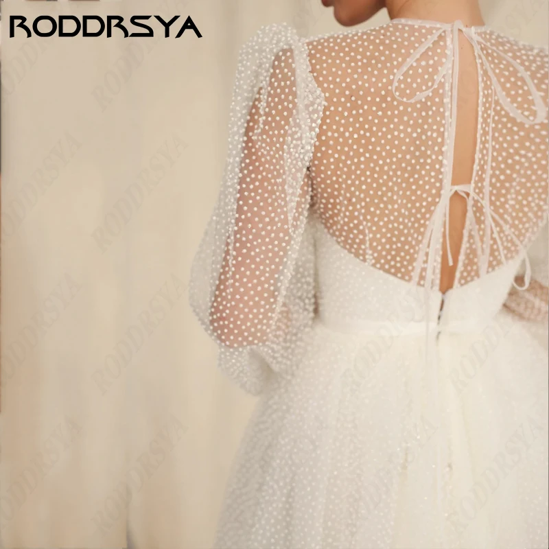 RODDRSYA vestido de novia de manga larga con cuello redondo para mujer, vestido de fiesta nupcial de tul precioso, ilusión trasera corta vestido de novia de manga larga con cuello redondo para mujer, vestido de fiesta